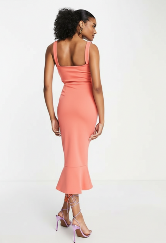 True Violet corset ruffle midi dress in Coral