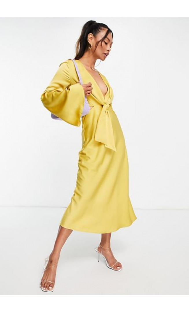 ASOS DESIGN Satin Midi Dress With Flared Sleeve