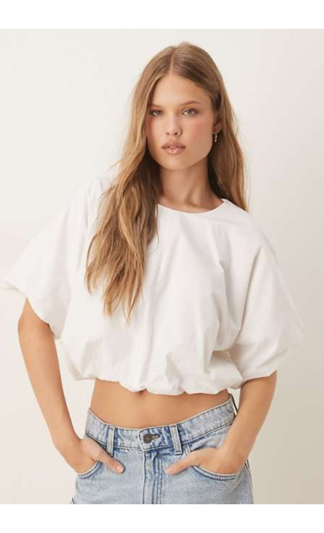 Vila puffball Cropped Woven Top in White