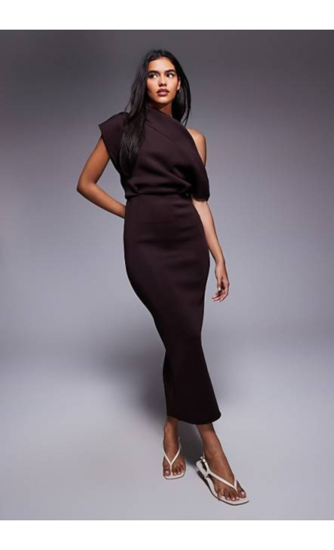 ASOS DESIGN Dramatic Neckline Midi Dress in Brown
