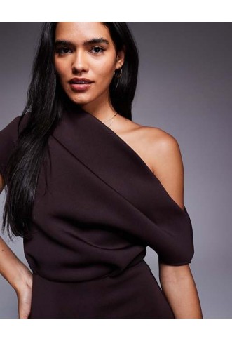 ASOS DESIGN Dramatic Neckline Midi Dress in Brown