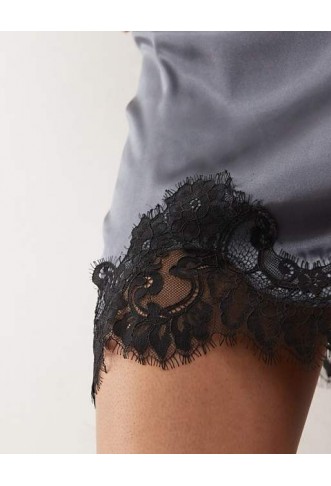 Noisy May satin mini skirt with lace trim in grey blue