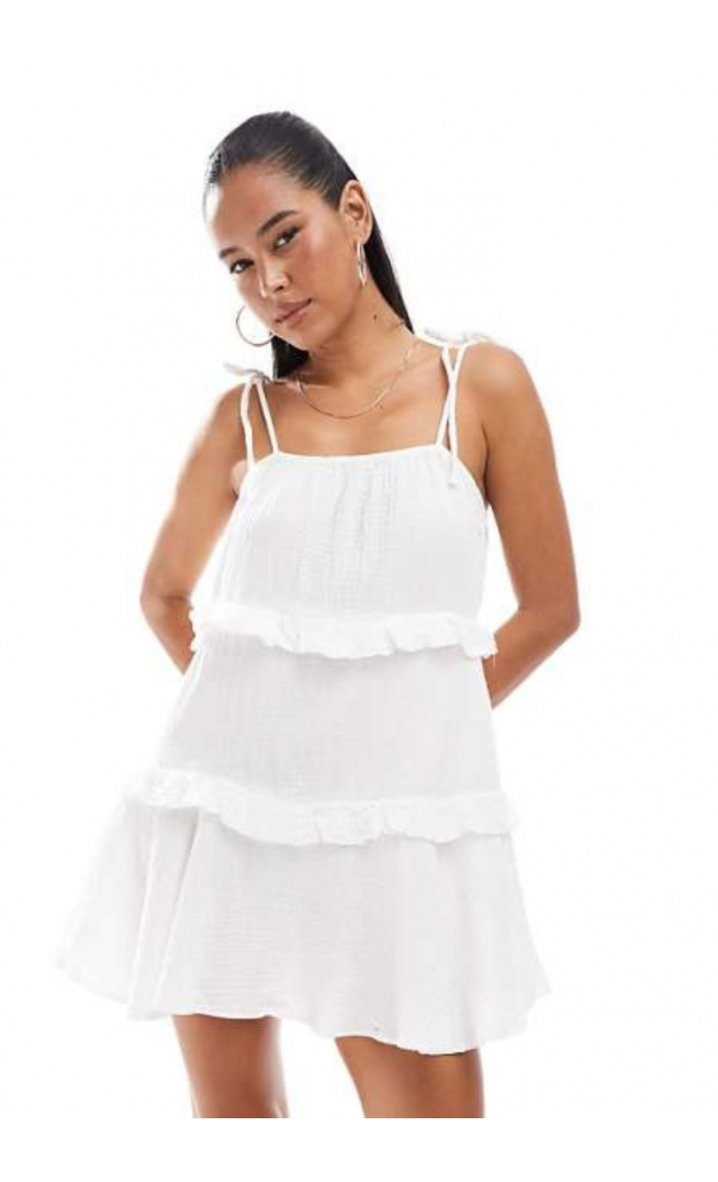 New Look tiered mini sundress in white