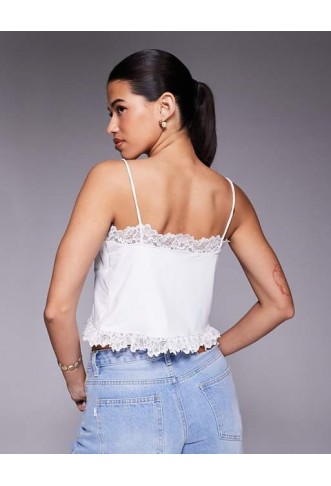 ASOS DESIGN slinky lace trim tie front top in white
