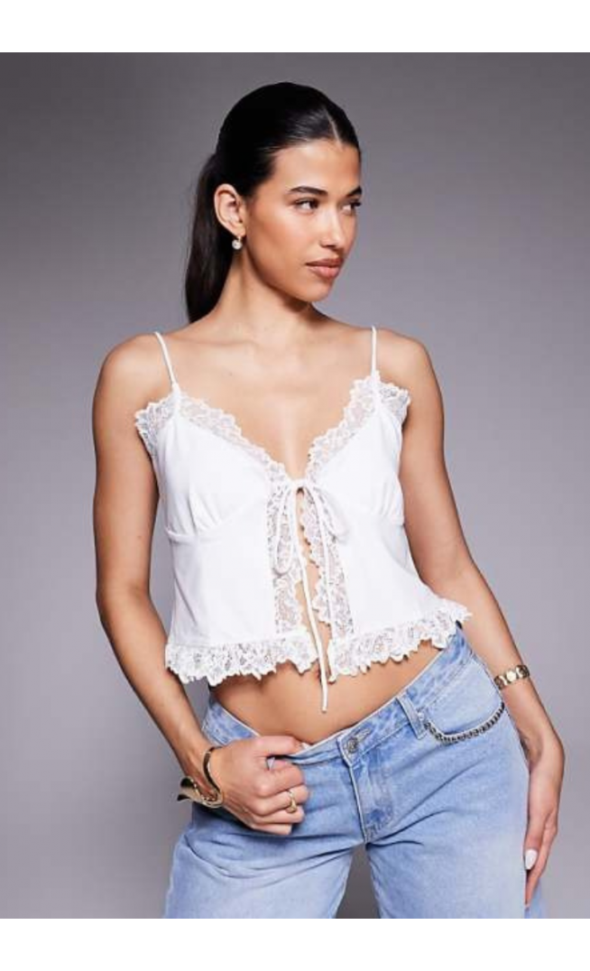 ASOS DESIGN slinky lace trim tie front top in white