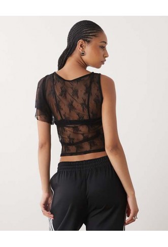 COLLUSION lace flutter one shoulder top in black
