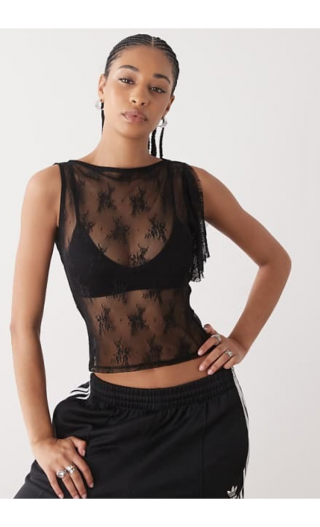 COLLUSION lace flutter one shoulder top in black