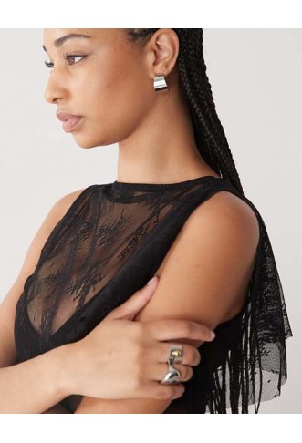 COLLUSION lace flutter one shoulder top in black