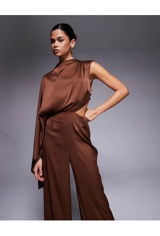 ASOS DESIGN satin one sleeve cut out jumpsuit