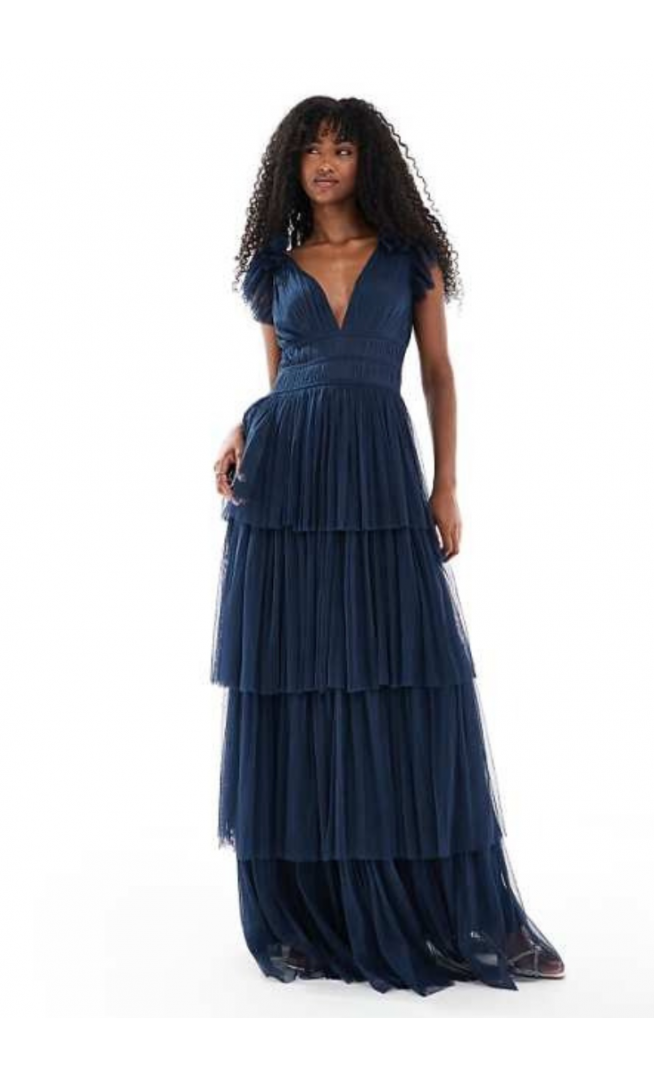 Lace & Beads Bridesmaid ruffle tiered tulle maxi dress