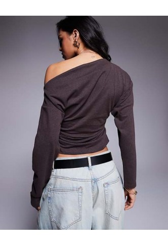 ASOS DESIGN ruched side long sleeve tee in brown