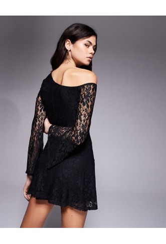 ASOS DESIGN lace off shoulder mini dress in black
