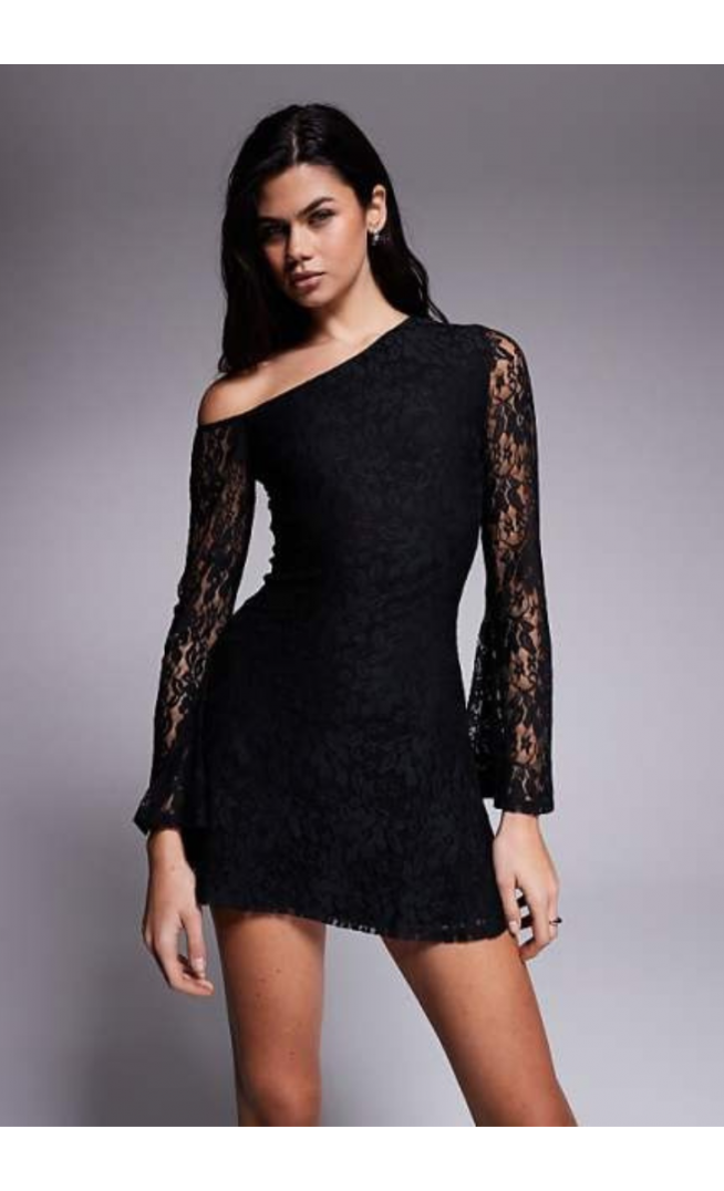 ASOS DESIGN lace off shoulder mini dress in black