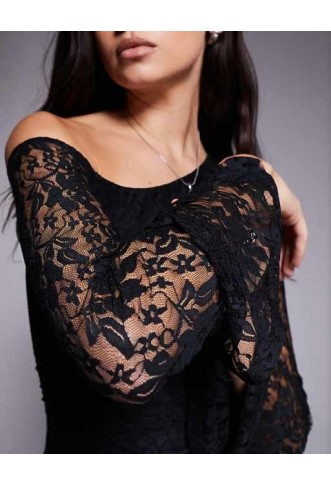 ASOS DESIGN lace off shoulder mini dress in black