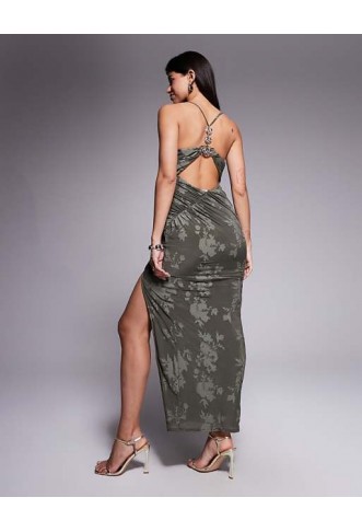 ASOS DESIGN cowl burnout halter maxi dress with gold hardware in khaki