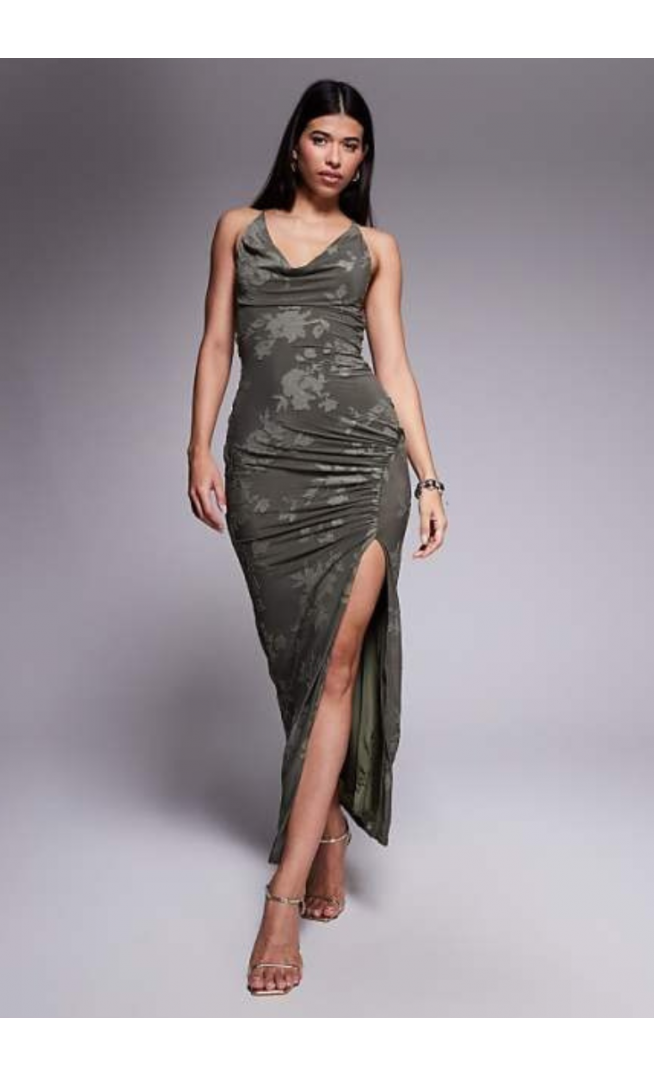 ASOS DESIGN cowl burnout halter maxi dress with gold hardware in khaki