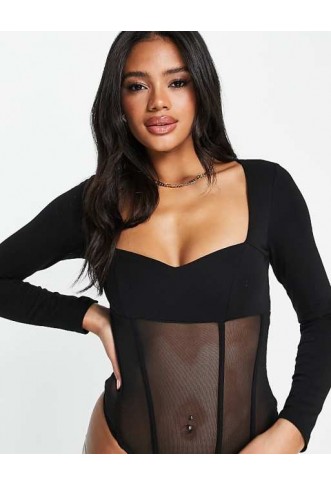 ASOS DESIGN corset style mesh bodysuit in black