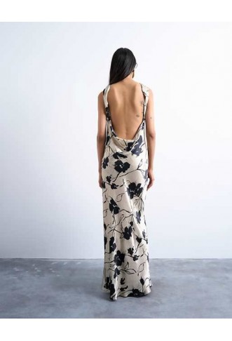 Topshop open back satin midi dress in black white floral