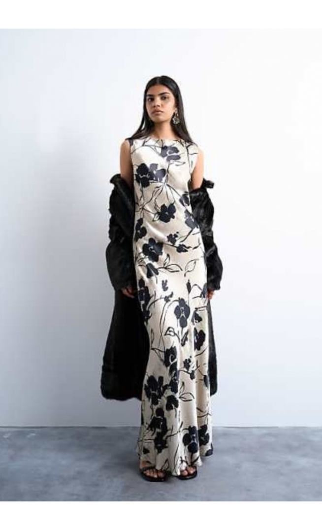 Topshop open back satin midi dress in black white floral