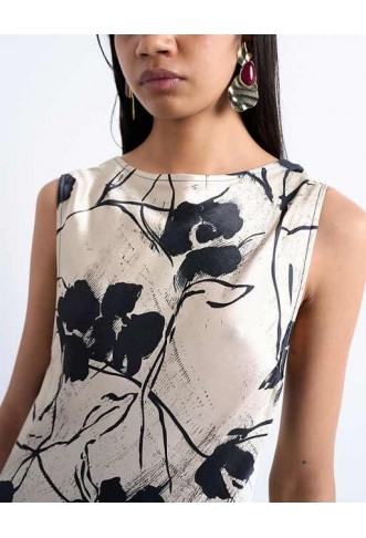 Topshop open back satin midi dress in black white floral