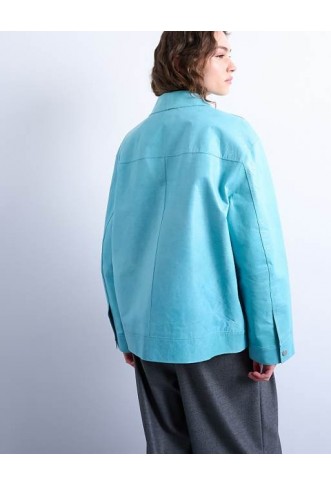 Topshop premium real leather jacket in turquoise