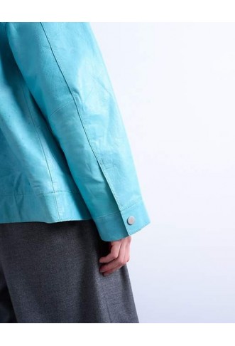 Topshop premium real leather jacket in turquoise