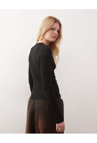 Weekday slim fit button front long sleeve top in black
