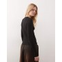 Weekday slim fit button front long sleeve top in black