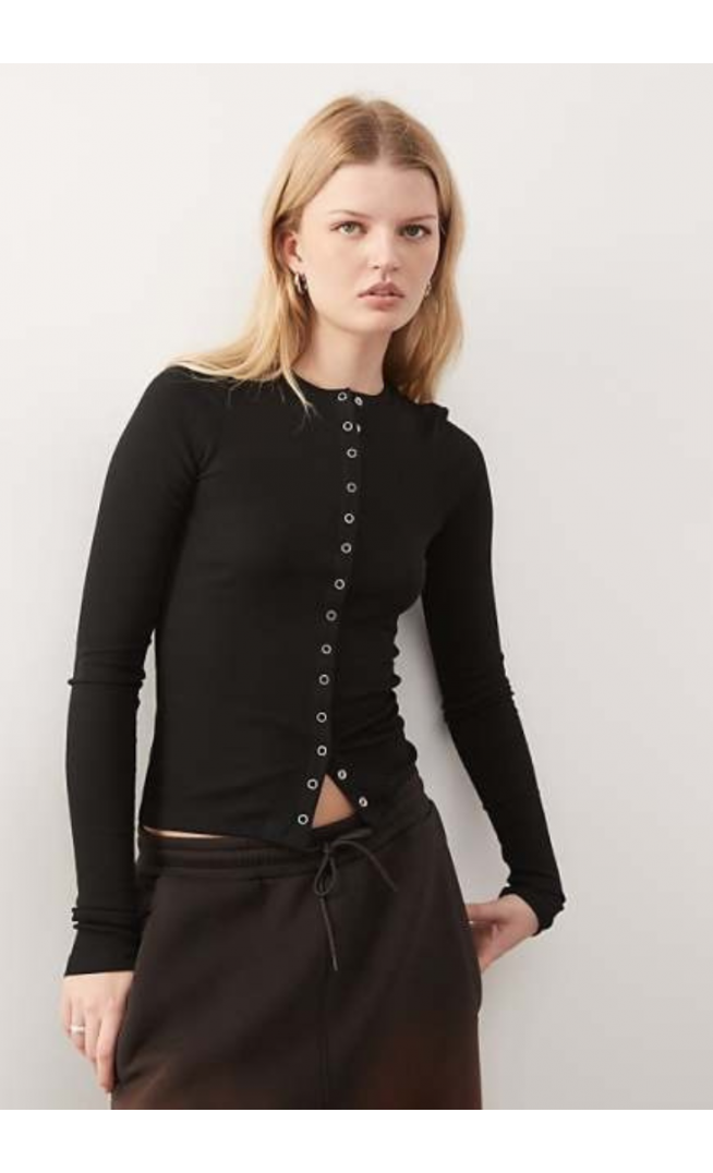 Weekday slim fit button front long sleeve top in black