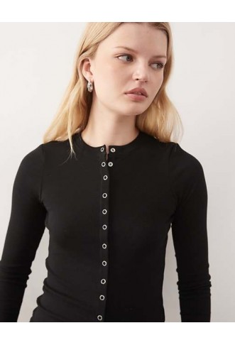 Weekday slim fit button front long sleeve top in black