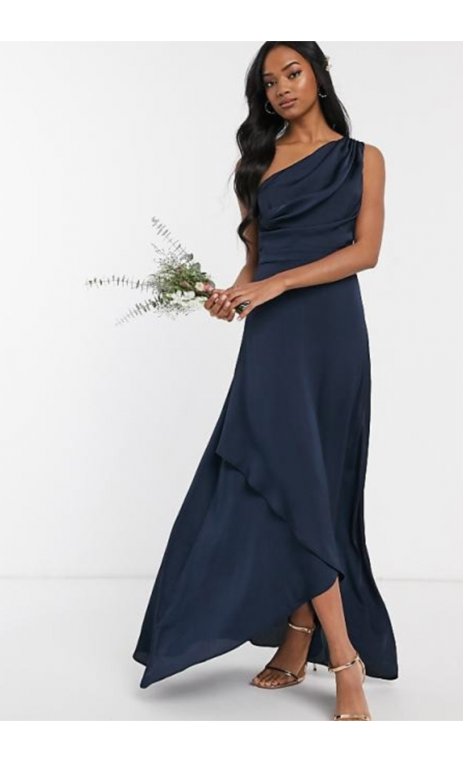 TFNC Bridesmaid one shoulder maxi dress in navy