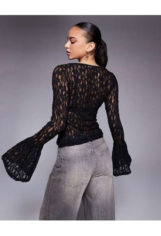 ASOS DESIGN sheer lace fluted cuff top in black