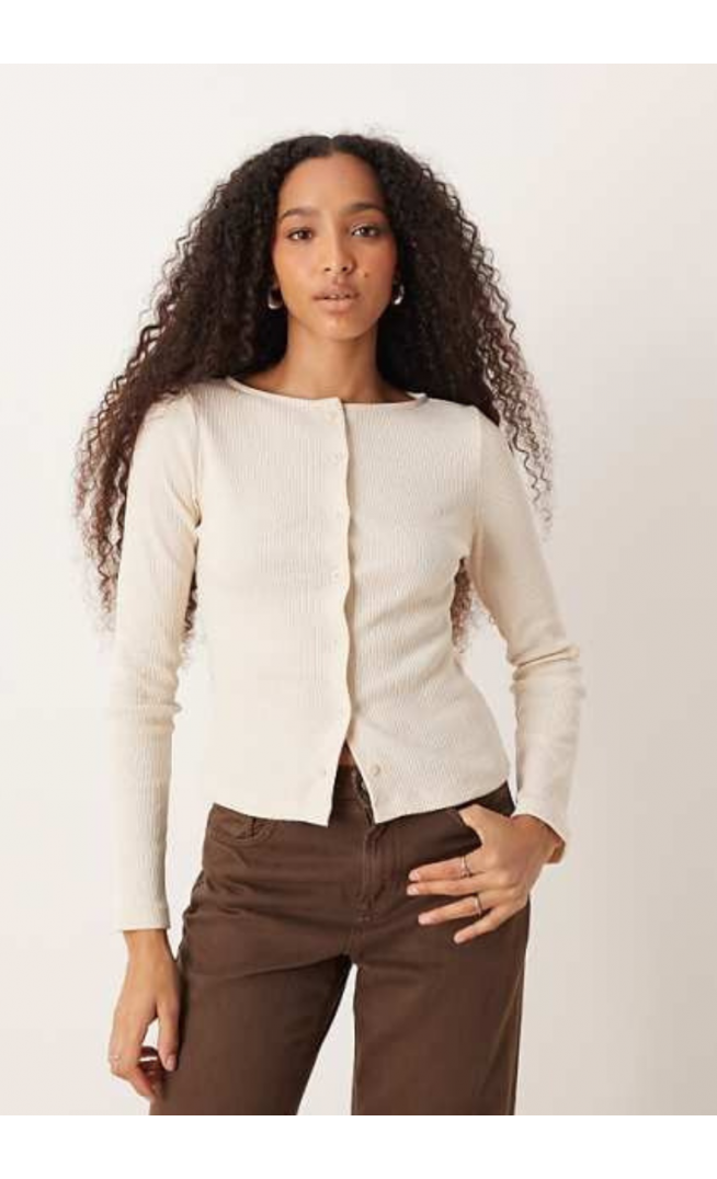 ASOS DESIGN wide neck rib cardigan in oatmeal