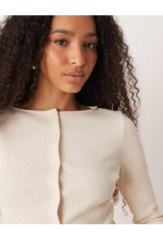 ASOS DESIGN wide neck rib cardigan in oatmeal