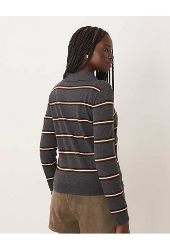 Mango long sleeve polo top in grey stripe