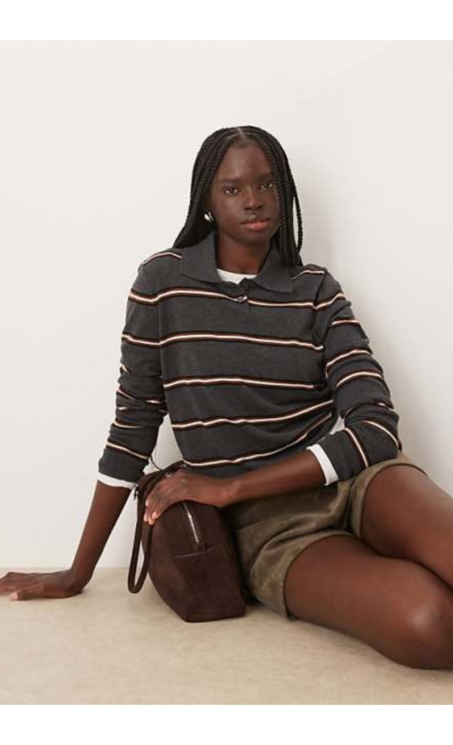 Mango long sleeve polo top in grey stripe