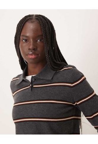 Mango long sleeve polo top in grey stripe