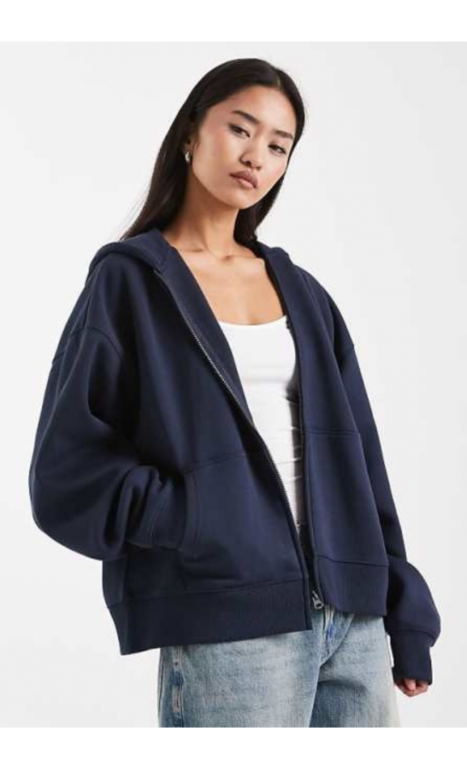COLLUSION zip through boxy hoodie in navy