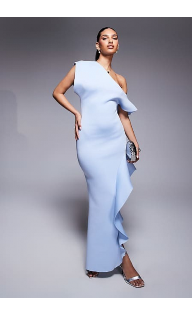 ASOS DESIGN fallen shoulder with frill split detail maxi dress