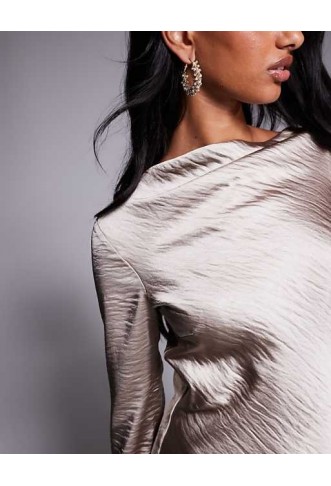 TFNC flared long sleeve maxi dress in soft gold