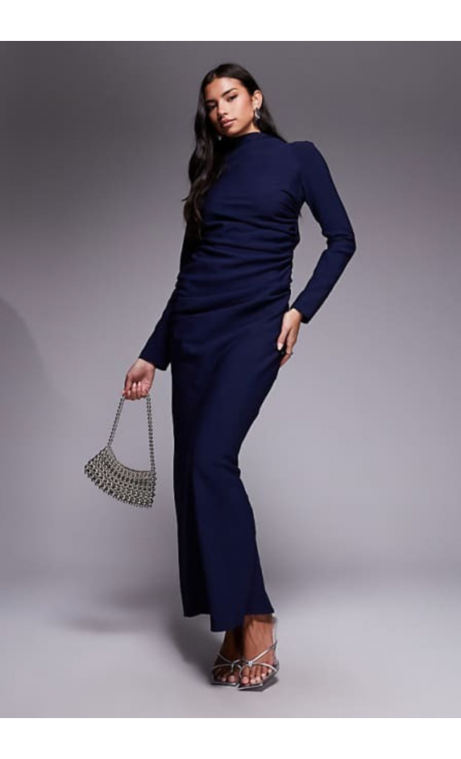 ASOS DESIGN high neck ruched side maxi dress in navy