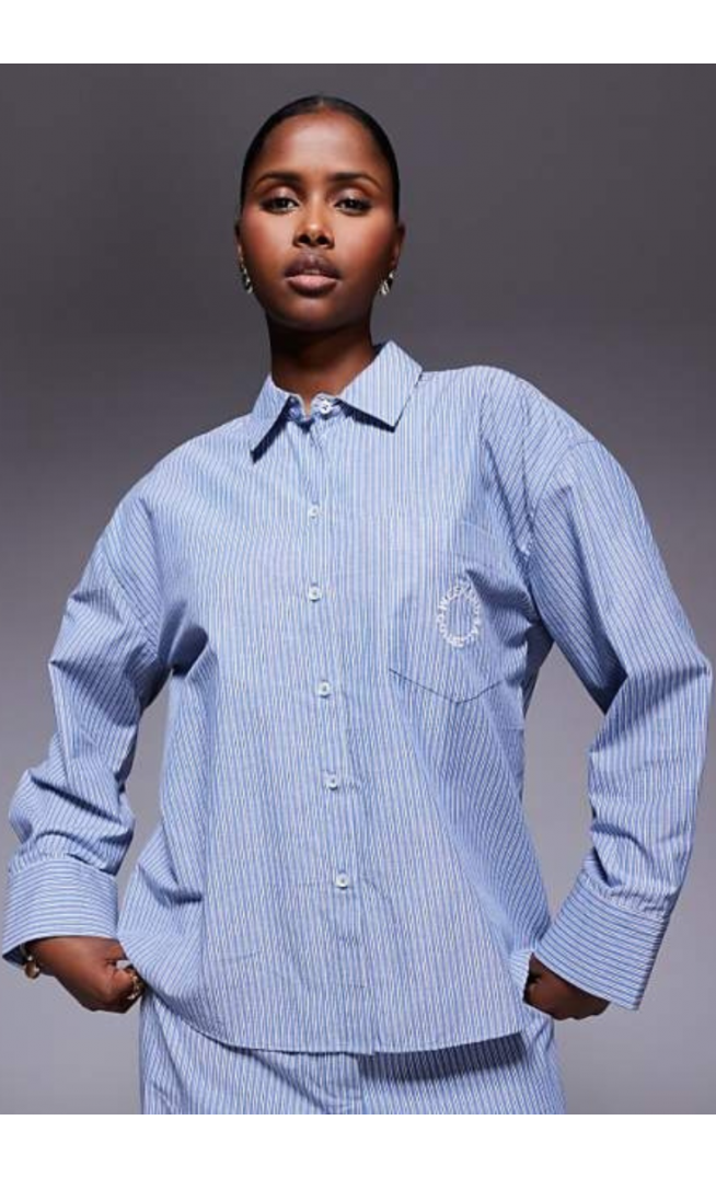 Weekend Collective co-ord stripe shirt in blue and white