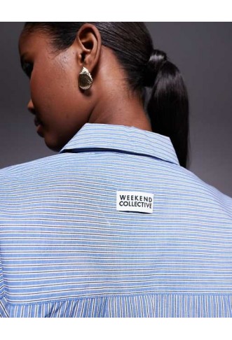 Weekend Collective co-ord stripe shirt in blue and white