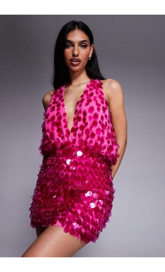 ASOS DESIGN clear sequin fringe halter mini dress in pink