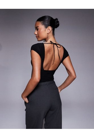 Fashionkilla slinky double layered cap sleeve top in black