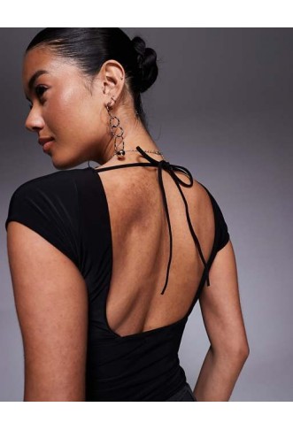 Fashionkilla slinky double layered cap sleeve top in black