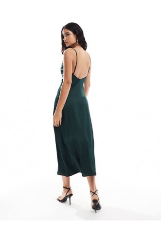 Vila satin cowl neck cami maxi dress in dark green