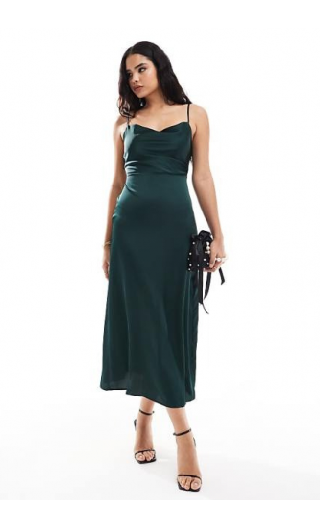 Vila satin cowl neck cami maxi dress in dark green