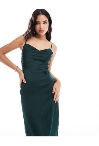 Vila satin cowl neck cami maxi dress in dark green