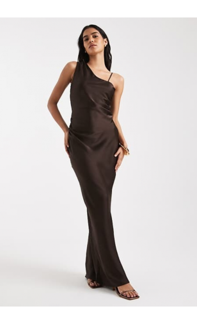 Vero Moda asymmetric shoulder detail satin maxi dress